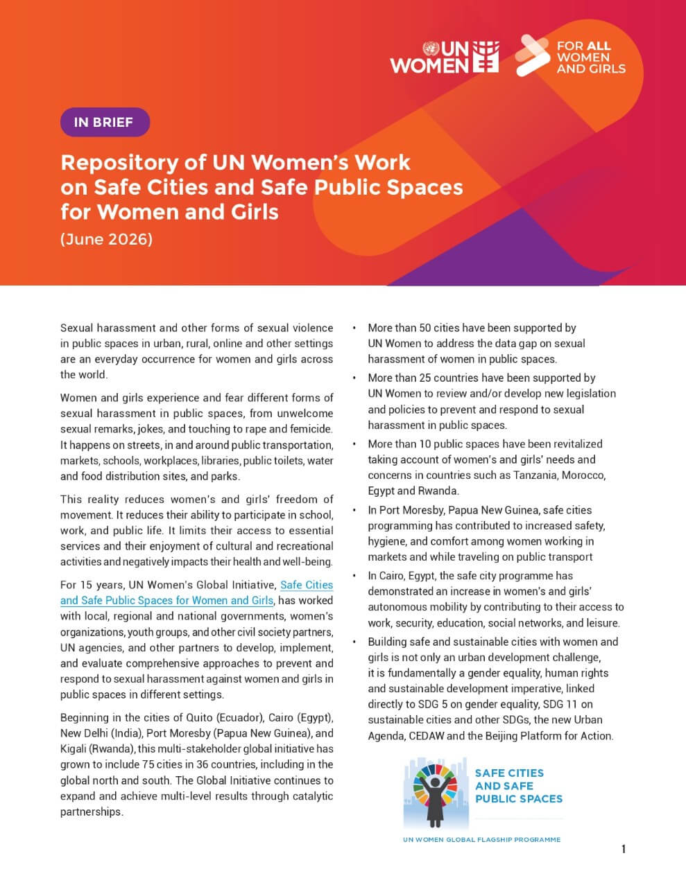 Repository UN Women’s work on Safe Cities and Safe Public Spaces for Women and Girls - cover image