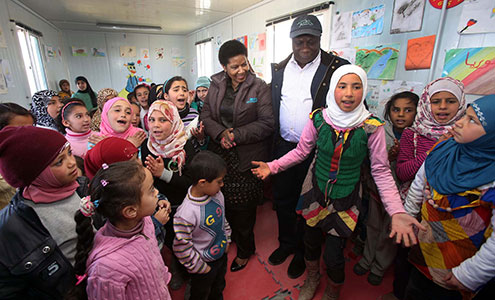 Executive Director Phumzile Mlambo-Ngcuka and UN Resident and Humanitarian Coordinator in Jordan Edward Kallon visit Za'atari refugee camp for Syrian refugees during her trip to Jordan from 20 to 23 February 2014. Photo: UN Women Jordan/Abdullah Ayoub