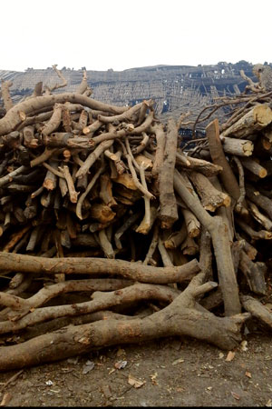 Woodpile used to smoke fish with traditional ovens.