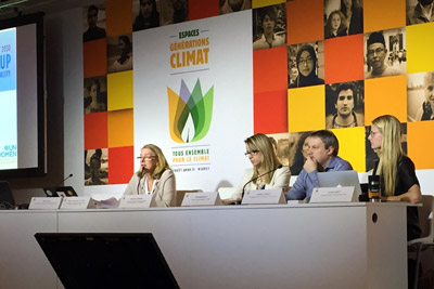 Rebecca Tavares, UN Women Representative in India (left), speaks at a side event on “Strengthening Intergenerational Dialogue and Partnership on Gender Equality and Climate Change” at COP 21 on 9 December. Photo: UN Women