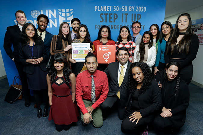 UN Women Deputy Executive Director Lakshmi Puri and Aishwaryaa Dhanush with participants in the dialogue on women's equality at UN Women Headquarters. Photo: UN Women/Ryan Brown