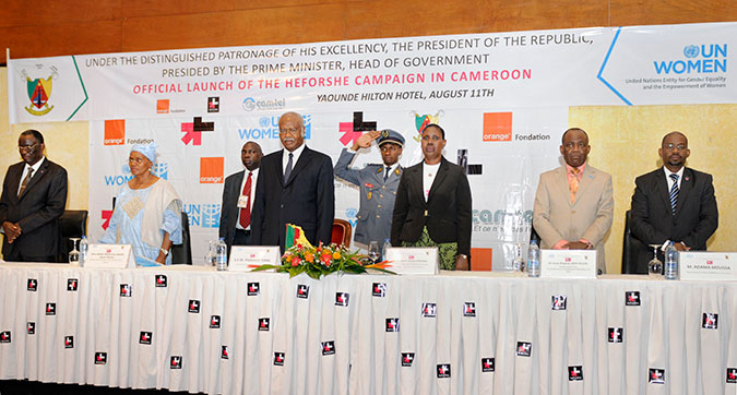On the dais from left to right: Gilbert Tsimi Evouna, Government Delegate to the Yaounde Urban Council; Marie-Therese Abena Ondoa nee Obama, Minister of the Advancement of Women and Family, Cameroon; Philemon Yang, Prime Minister of Cameroon; Diana Ofwona, Regional Director, UN Women Office for West and Central Africa; Dr. Jean Baptiste Roungou, Cameroon Country Representative, WHO; Adama Moussa, Cameroon Country Representative, UN Women. Photo: UN Women Cameroon. Photo: UN Women Cameroon
