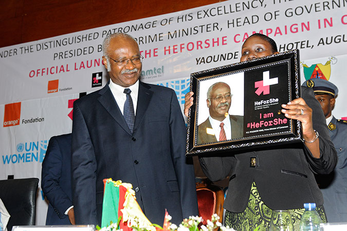 Philemon Yang, Prime Minister of Cameroon is welcomed as a HeForShe by Diana Ofwona, Regional Director, UN Women Office for West and Central Africa. Photo: UN Women Cameroon