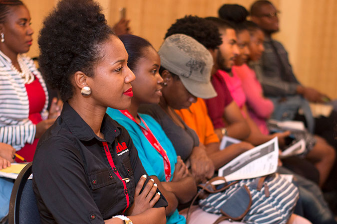 Participants in the town hall discussion at the University of the West Indies, Mona Campus on 1 November. Photo: UN Women/Jean-Pierre Kavanaugh