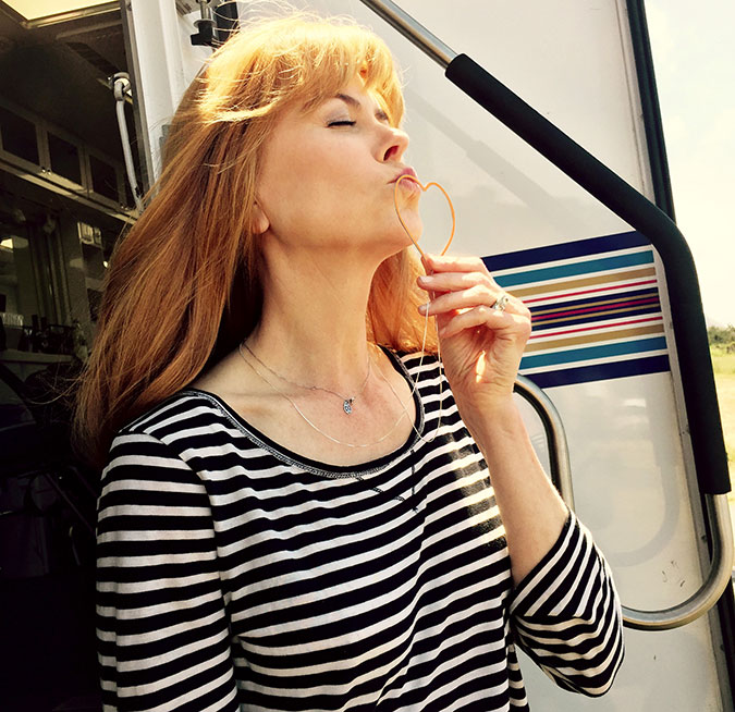 UN Women Goodwill Ambassador Nicole Kidman proudly wears a necklace made by women survivors of violence to benefit initiatives aimed at ending this pandemic human rights violation that affects 1 in 3 women and girls worldwide. Photo Courtesy Nicole Kidman