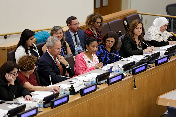 UN Women Executive Director Phumzile Mlambo-Ngcuka speaks at the UN Women organized panel discussion with members of the Syrian Women’s Advisory Board to the UN Special Envoy for Syria. Photo: UN Women/Ryan Brown
