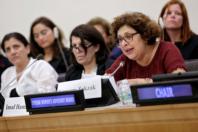 Member of the Syrian Women's Advisory Board Sawsan Zakzak at the UN Women organized panel discussion. Photo: UN Women/Ryan Brown