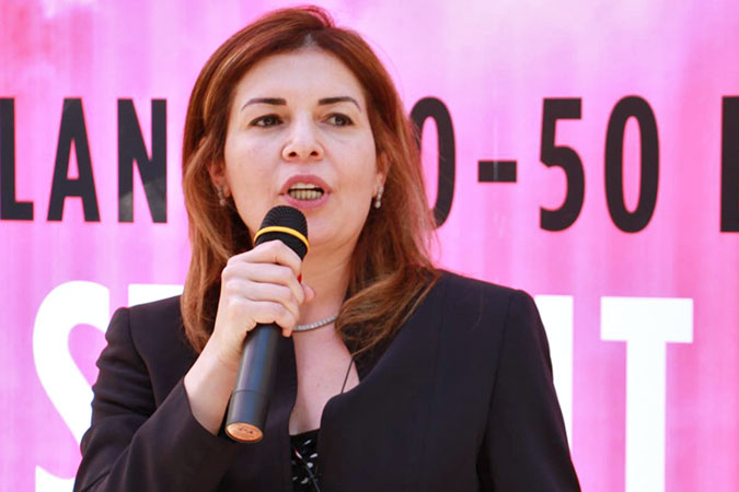 Head of Office for UN Women in Yemen Dina Zorba speaks at an International Women's Day event
