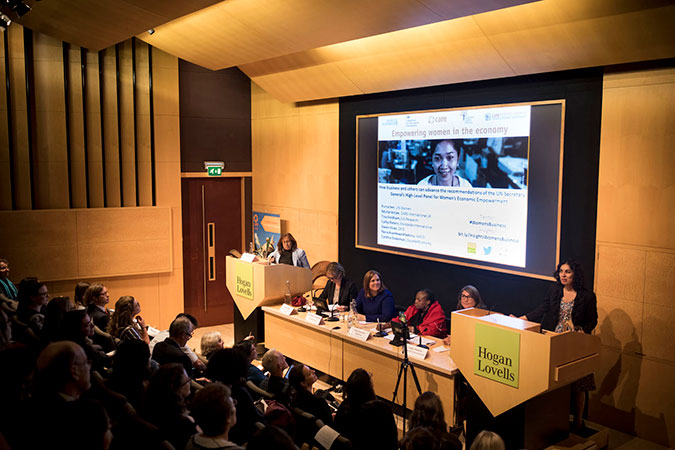 Purna Sen, UN Women Policy Director, moderates the “Empowering women in the economy” event held in London on 6 September 2017 to discuss how the private sector can advance the recommendations of the UN Secretary-General’s High-Level Panel (HLP) on Women’s Economic Empowerment. The event was co-organized by CARE International, the UK’s Department for International Development (DFID), Business Fights Poverty, and the HLP. Photo: CARE International.