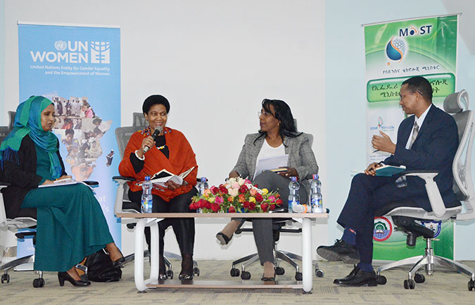From right: Getahun Mekuria, Ethiopian Minister of science and technology, Demitu Hambisa Bonsa, Ethiopia Minister of Gender, Phumzile Mlambo-Ngcuka, UN Women Executive Director and Aisha Mohammed, Ethiopian Minister of Construction during the dialogue with young engineering students. Photo: UN Women/Martha Wanjala