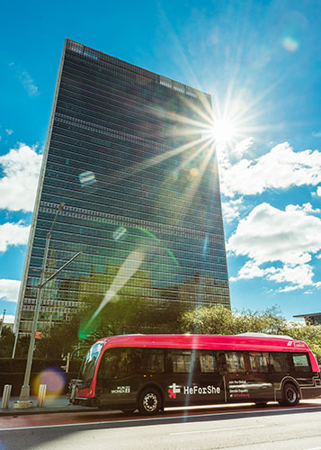 The HeForShe #GetFree tour bus parked outside of UN Headquarters in New York