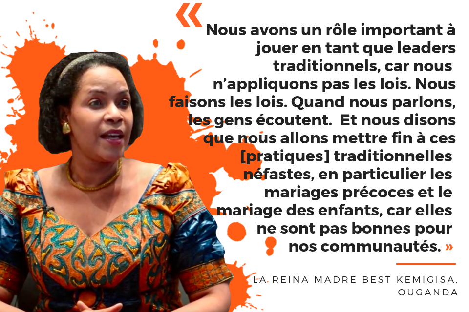 Nous avons un rôle important à jouer en tant que leaders traditionnels, car nous n’appliquons pas les lois. Nous faisons les lois. Quand nous parlons, les gens écoutent.  Et nous disons que nous allons mettre fin à ces [pratiques] traditionnelles néfastes, en particulier les mariages précoces et le mariage des enfants, car elles ne sont pas bonnes pour nos communautés. 