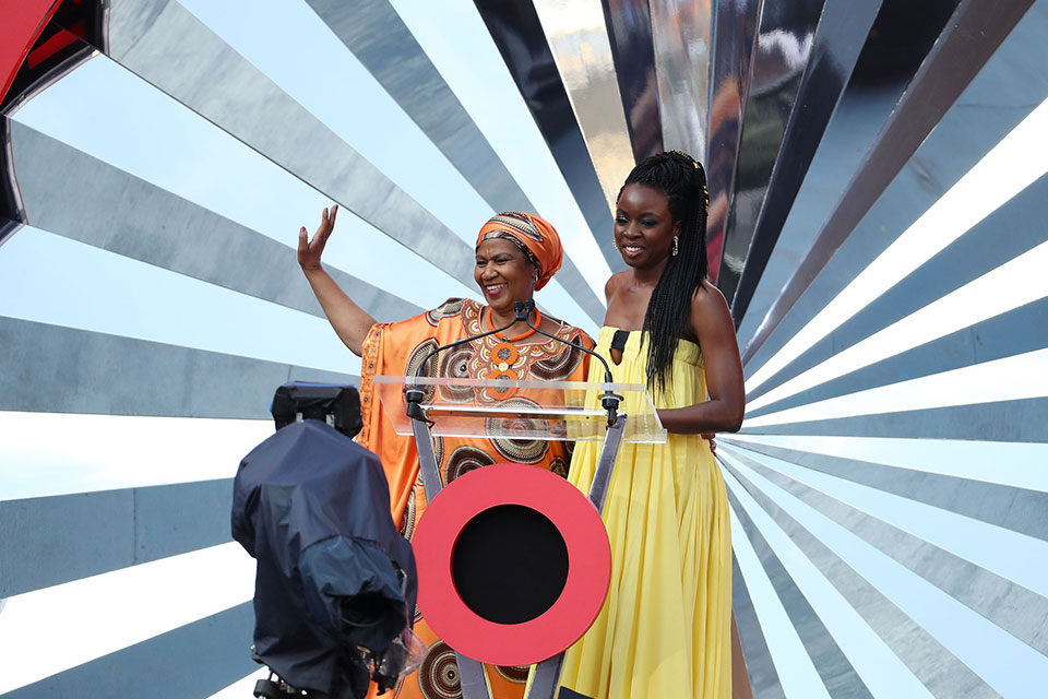 UN Women Executive Director Phumzile Mlambo-Ngcuka and UN Women Goodwill Ambassador Danai Gurira on stage at the Global Citizen Festival: Mandela 100. Photo: Jemal Countess/Getty Images