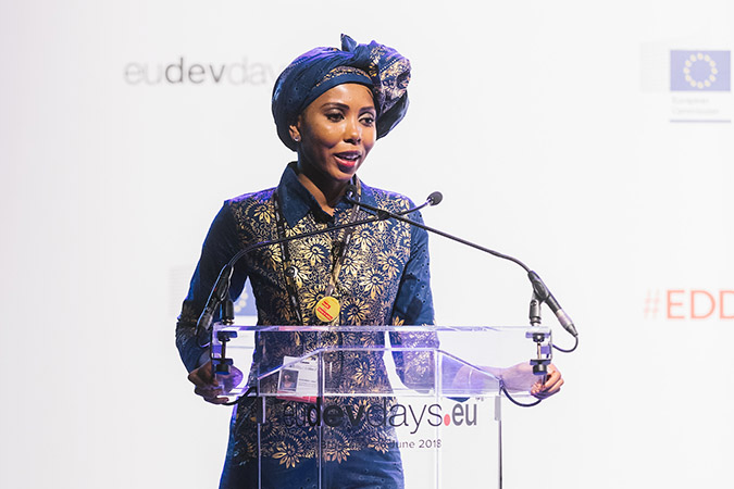UN Women Regional Goodwill Ambassador for Africa Jaha Dukureh at the opening session of the European Development Days. Photo: European Union