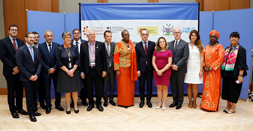 Participants of the Ministerial interactive discussion at the United Nations General Assembly side event of the Women, Peace and Security Focal Points Network on 26 September in New York. Photo: UN Women/Ryan Brown