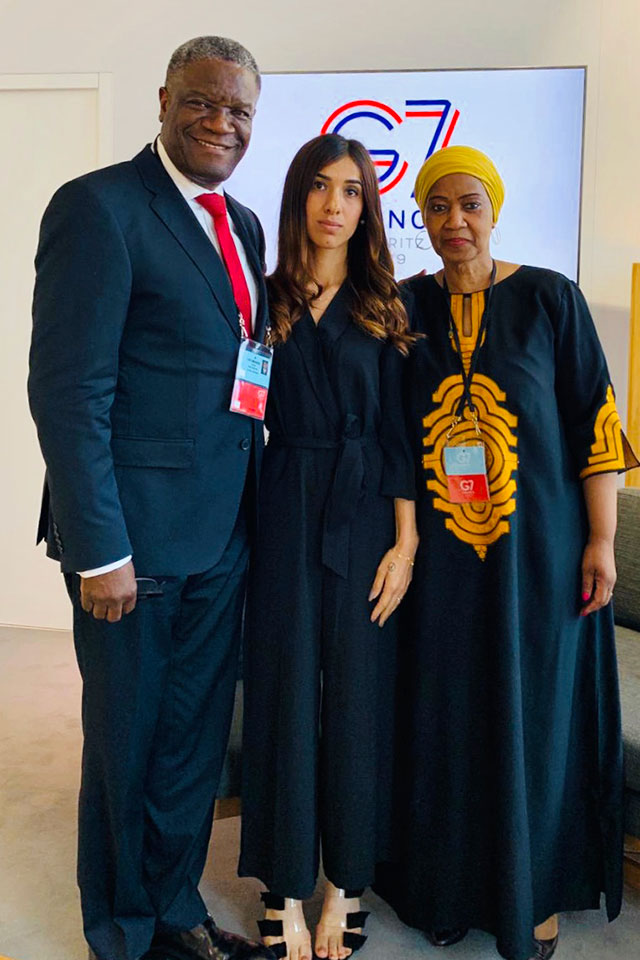 UN Women Executive Director Phumzile Mlambo-Ngcuka (right) at G7 Biarritz Summit with Nobel Peace Prize laureates Denis Mukwege and Nadia Murad. Photo:  Nadia’s Initiative/Abid Shamdeen
