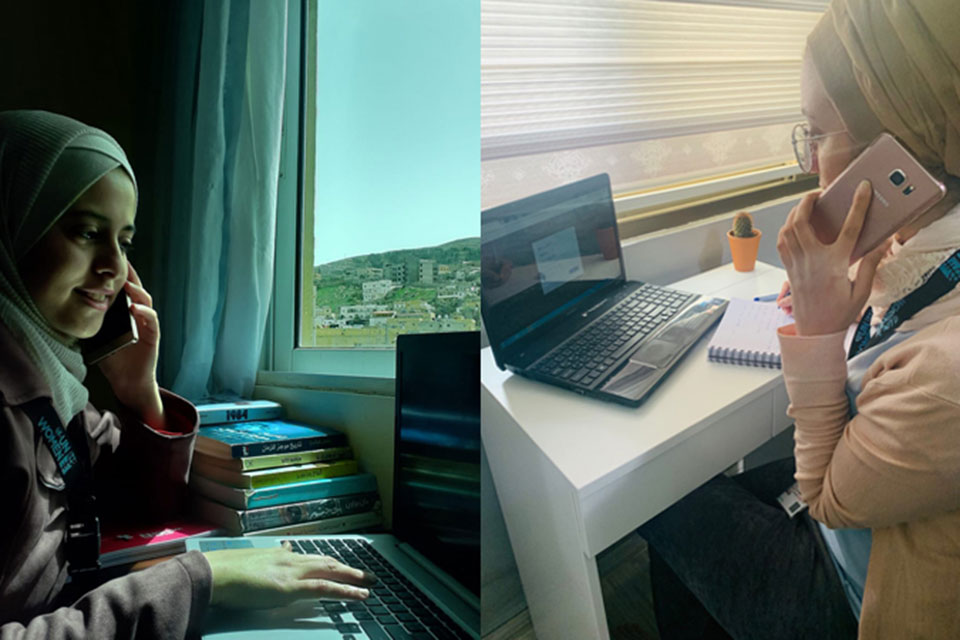 UN Women field assistants Amal Al Mahayrah (left) and Hadeel Dabaibeh (right) make daily support calls and share information with vulnerable Jordanian women and Syrian refugees. Photos: UN Women