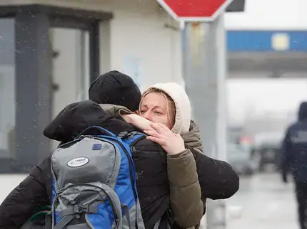 A scene from the Palanca-Maiaki-Udobnoe border crossing point, between the Republic of Moldova and Ukraine on 1 March 2022. People flee the military offensive in Ukraine, seeking refuge in Moldova or transiting the country on their way to Romania and other EU countries