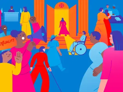 Colourful illustration of diverse women protesting in front of a classical-style building with columns. A woman speaks into a megaphone, another holds a sign reading “Equality” with a gender symbol, and another raises her fist. A scale symbol appears above the entrance as one woman walks up the steps. The group includes women of different ages and abilities, including a woman using a wheelchair and another using a cane, while others speak with uniformed officials at a desk.