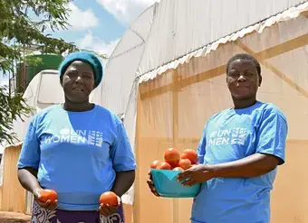 Ruth Kampatura (left) and Prose Mgundamavu are seen harvesting tomatoes in the Kumbuku greenhouses in Lilongwe, Malawi.