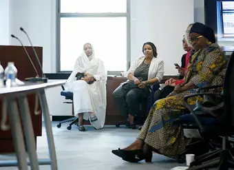 Hanin Ahmed (left) and Shaza Bala Elmahdi (right) are seen at the CSW68 Side Event “Amplifying the Voice and Agency of Women and Girls Faced by Conflict in Sudan” held on 14 March 2024 at UN Women Headquarters in New York.