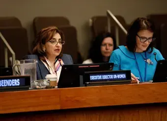 UN Women Executive Director Sima Bahous speaking at the first-ever annual High-level Meeting on Violence Against Women and Girls held during the 70th session of the Commission on the Status of Women. Photo: UN Women/Ryan Brown
