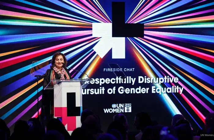 UN Women Executive Director Sima Bahous delivers the opening address at the 2023 HeForShe Summit, held in Gotham Hall, New York City, on 21 September 2023. Photo: UN Women/Ryan Brown.