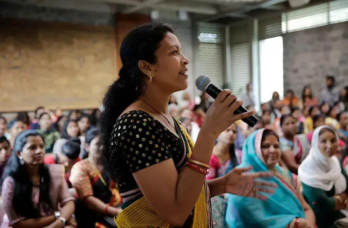 Jemamani Soren, a former local government representative, is seen speaking in Thakurmunda, Odisha, India. 