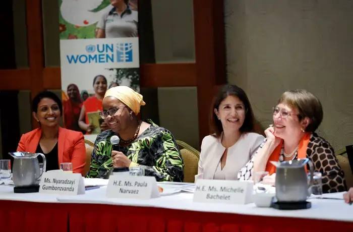 On the occasion of the High-Level Political Forum (HLPF) on July 15, 2024, UN Women convened feminists, experts, UN officials and other key development actors to present and discuss the Gender Equality Accelerators (GEAs) for the SDGs. Photographed here are the panellists for the event.