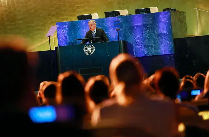 UN Secretary-General António Guterres delivers speech on 7 March at the UN commemoration event for International Women's Day (8 March, 2025). Photo: UN Women/Ryan Brown
