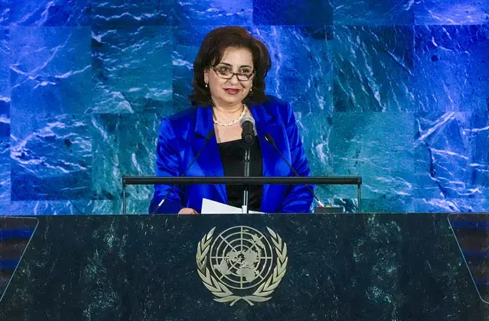 UN Women Executive Director Sima Bahous delivers welcoming remarks at the UN commemoration of International Women’s Day, 7 March 2025, UN General Assembly Hall, UN headquarters. Photo: UN Women/Ryan Brown.