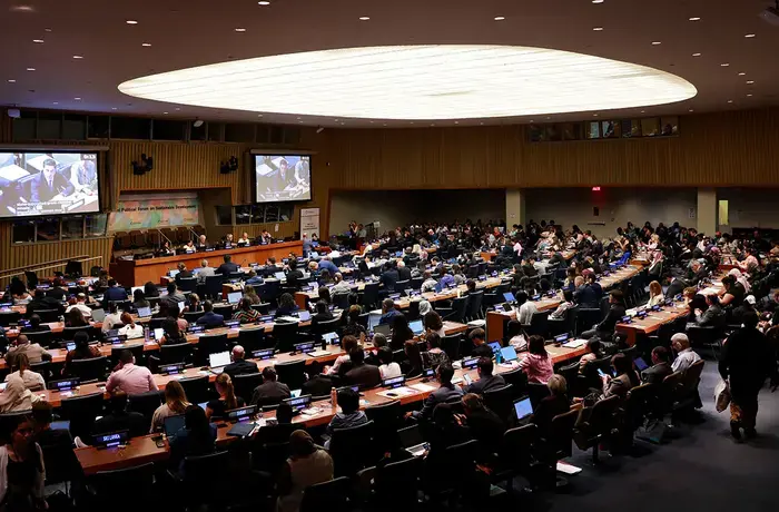 A UN meeting room filled with dozens of people