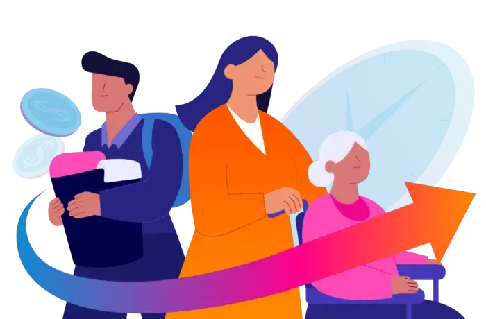 Illustration depicting men and women doing unpaid care work tasks