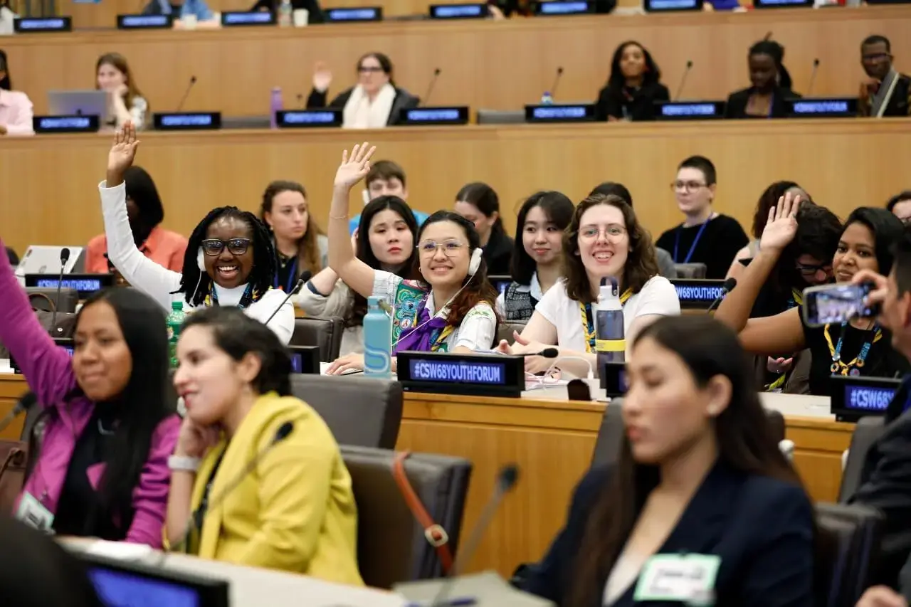 Young leaders with diverse backgrounds added depth to the dialogue on poverty eradication at the 68th session of the Commission on the Status of Women, galvanizing efforts to push forward for gender equality. Youth Forum opening, UN headquarters, 15 March 2024. Photo: UN Women/Ryan Brown.