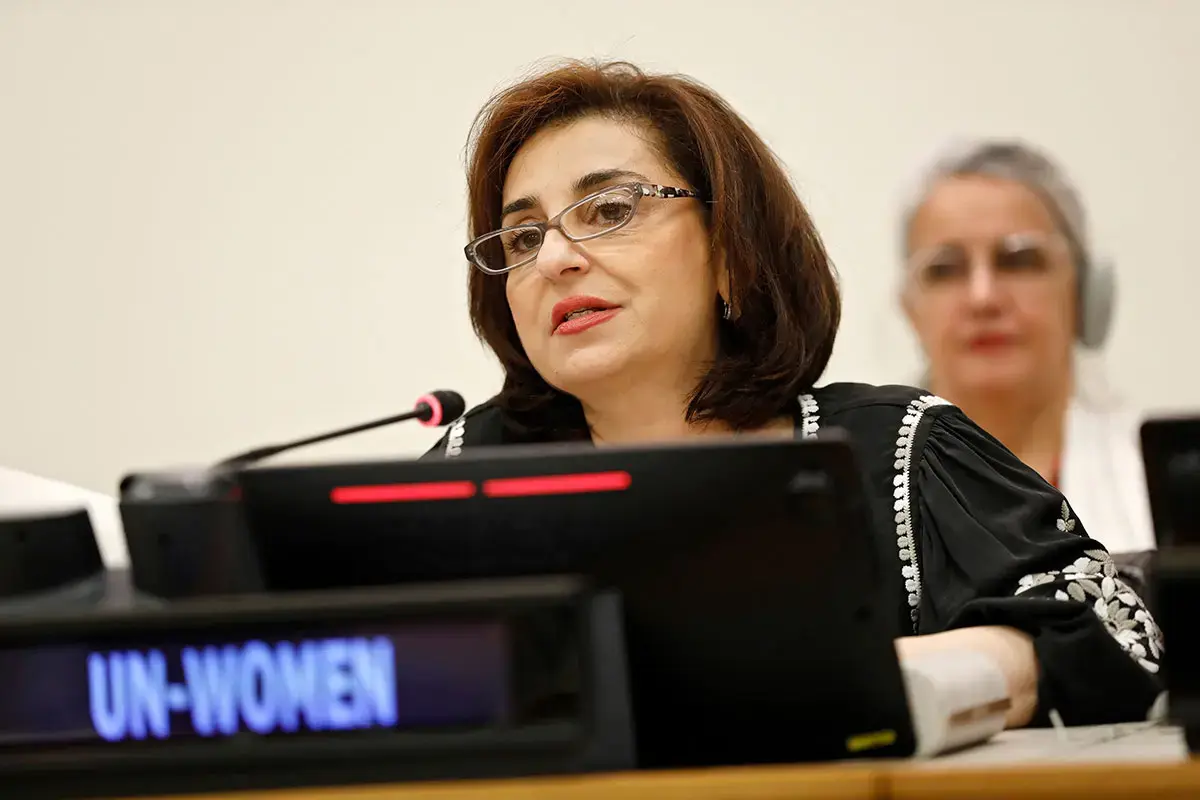 UN Women Executive Director Sima Bahous addresses an HLPF side event organized by Australia and UN Women on 11 July 2024 at UN Headquarters in New York.