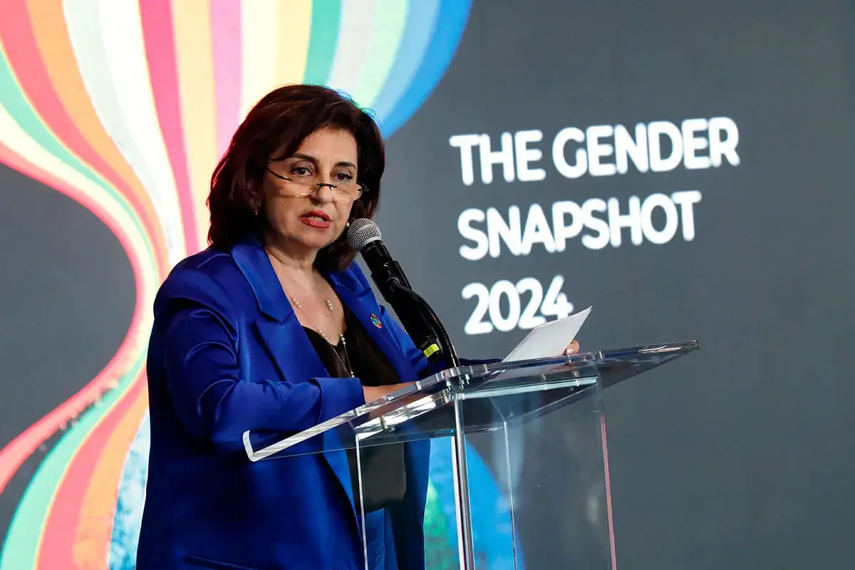 UN Women Executive Director Sima Bahous delivers remarks at the launch of the report, “Progress on the Sustainable Development Goals: The gender snapshot 2024”, 21 September 2024, UN headquarters. Photo: UN Women/Ryan Brown.
