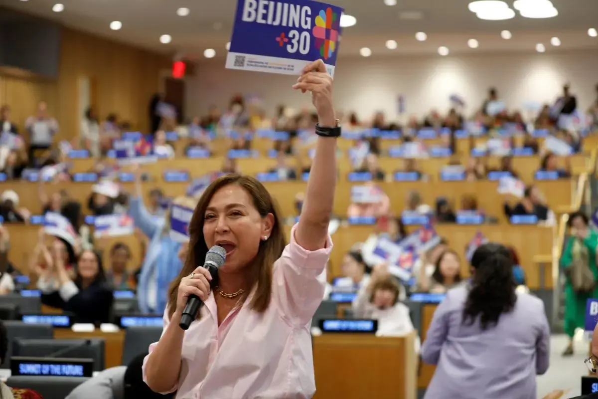Karen Davila, an award-winning broadcast journalist, television news anchor, radio presenter, and UN Women National Goodwill Ambassador for the Philippines, moderates the event, “Beijing+30: Achieving Gender Equality, Rights and Empowerment for All Women and Girls” at the United Nations headquarters in New York, on the sidelines of the 79th session of the UN General Assembly. 