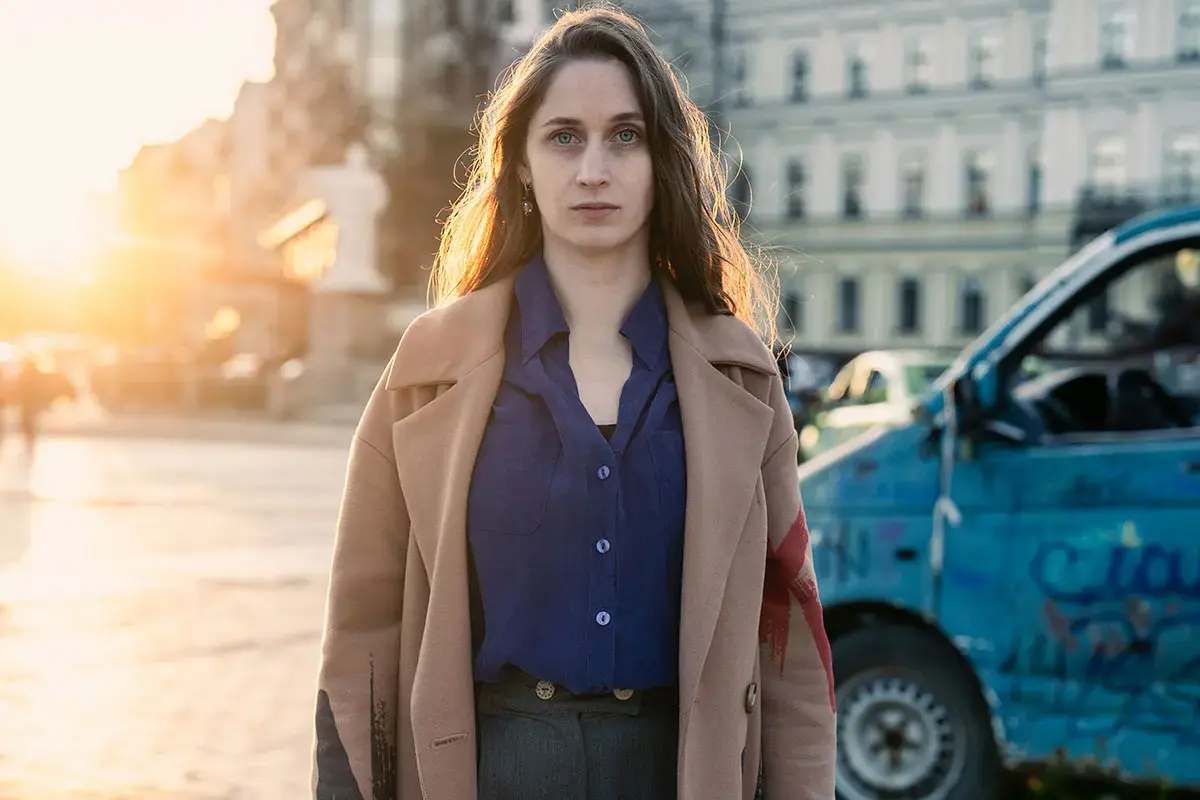 Daria Zymenko, a member of CSO SEMA Ukraine, a network of women survivors of conflict-related sexual violence at Mykhailivska square downtown Kyiv, Ukraine.