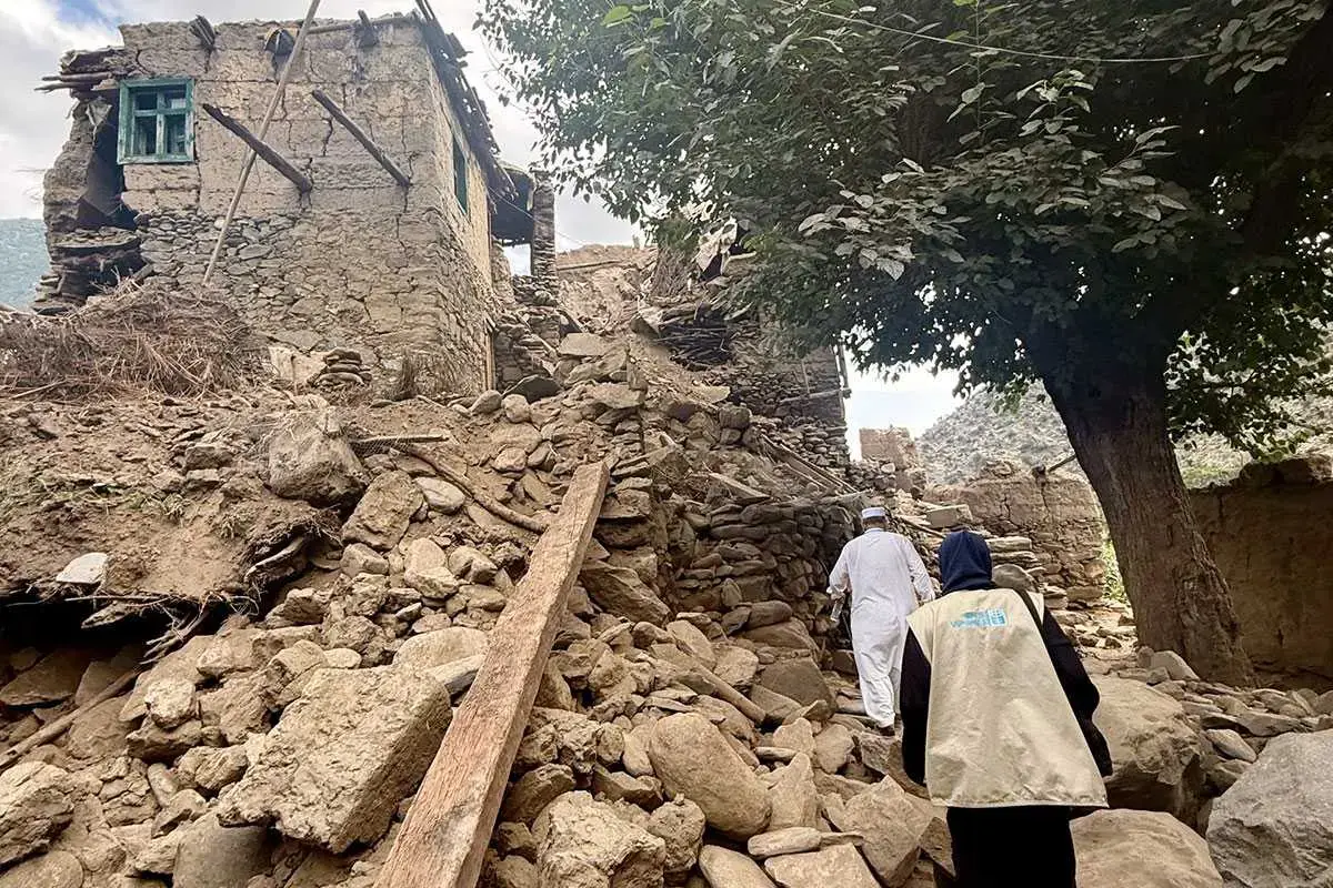 A UN Women team assesses the earthquake damage in Nurgal, one of the worst affected districts in Kunar province, northeastern Afghanistan
