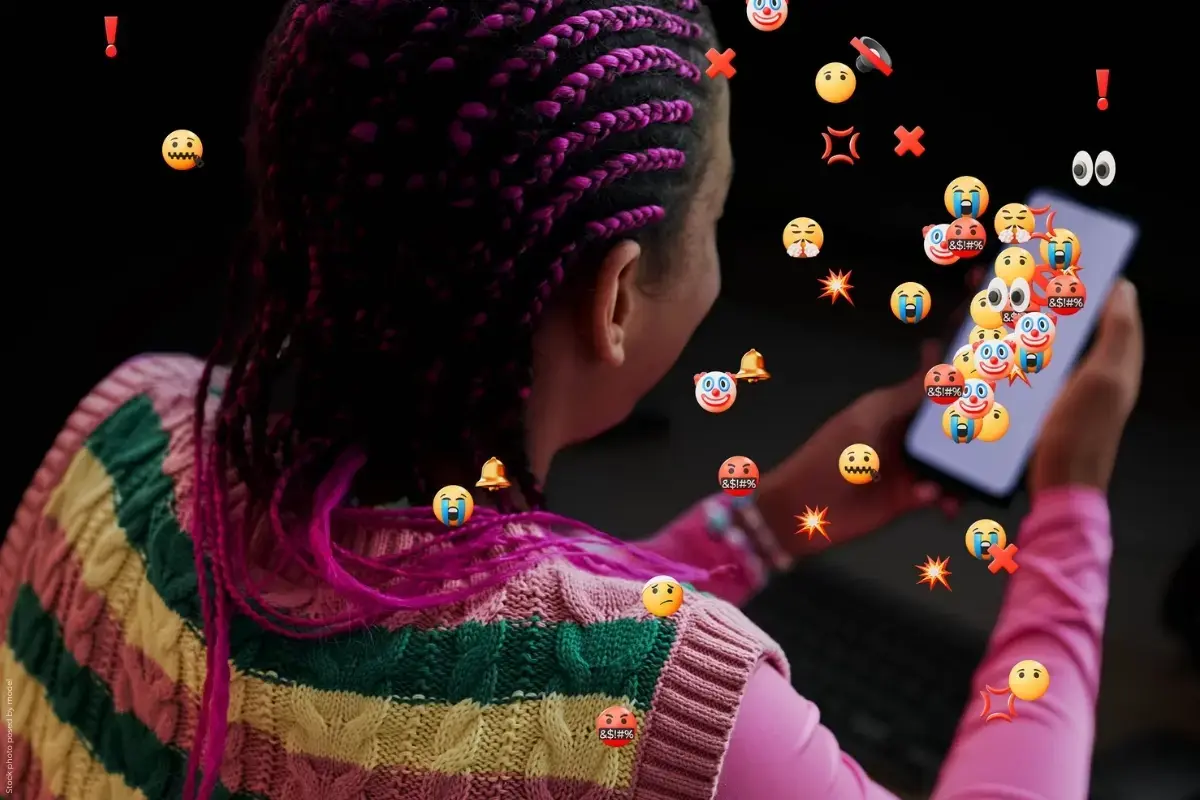 A graphic featuring a young woman looking at her phone