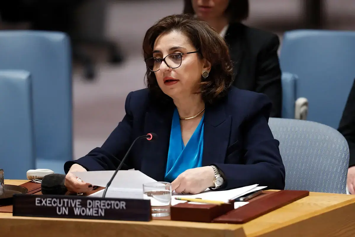 UN Women Executive Director Sima Bahous delivers remarks at the briefing of the Security Council on the reports of the Secretary-General on Sudan and South Sudan, 11 November 2025, UN Headquarters. Photo: UN Women/Ryan Brown.