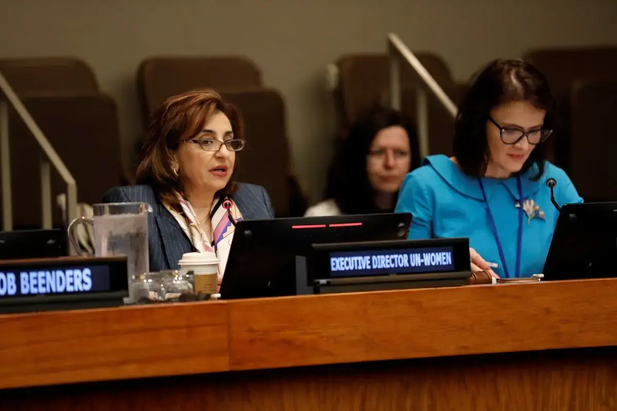 UN Women Executive Director Sima Bahous speaking at the first-ever annual High-level Meeting on Violence Against Women and Girls held during the 70th session of the Commission on the Status of Women. Photo: UN Women/Ryan Brown