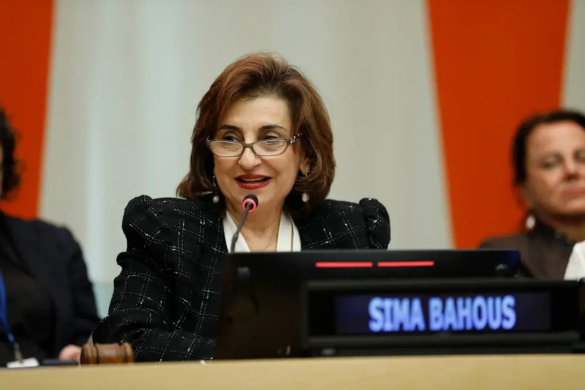 Scene from the CSW70 side event “Bridging Systemic Gaps: Advancing Justice for All Women and Girls,” held in the ECOSOC Chamber at United Nations Headquarters in New York on 10 March 2026. UN Under-Secretary-General and UN Women Executive Director Sima Bahous speaking into a microphone, with her nameplate visible in front of her. 