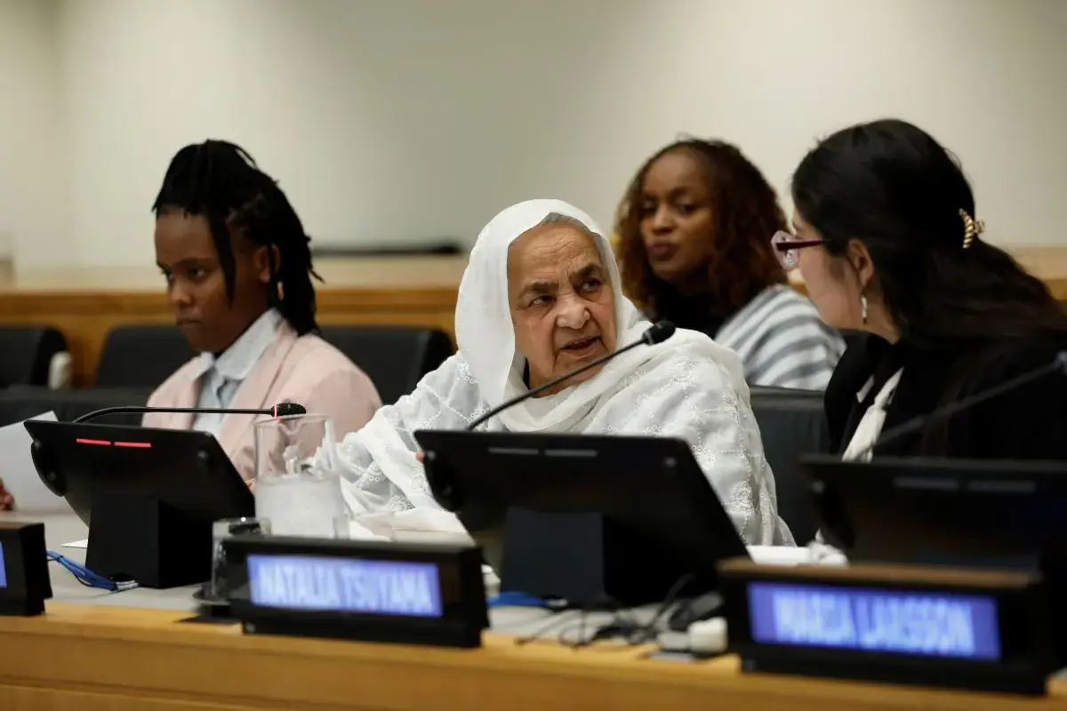 Maryam Bibi, Founder and Chief Executive of Khwendo Kor, Pakistan, speaking at the ‘Intergenerational approaches to access to justice across the life-course’ event on 13 March at CSW70. Photo: UN Women/Ryan Brown