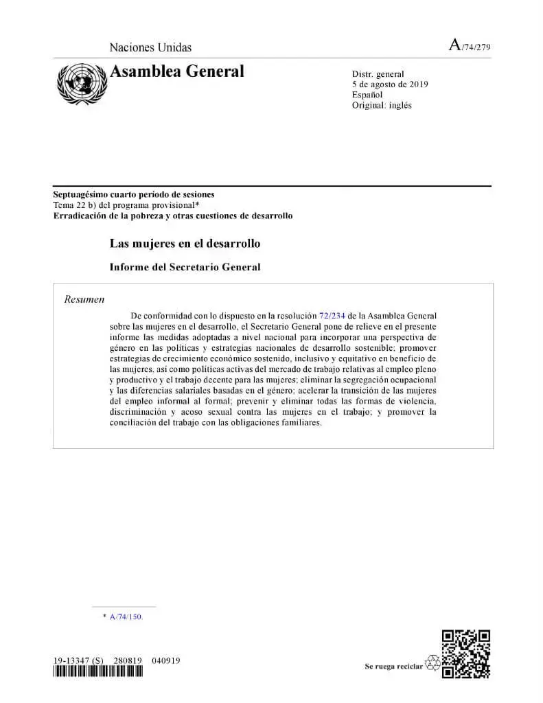 Las mujeres en el desarrollo: Informe del Secretario General (2019)